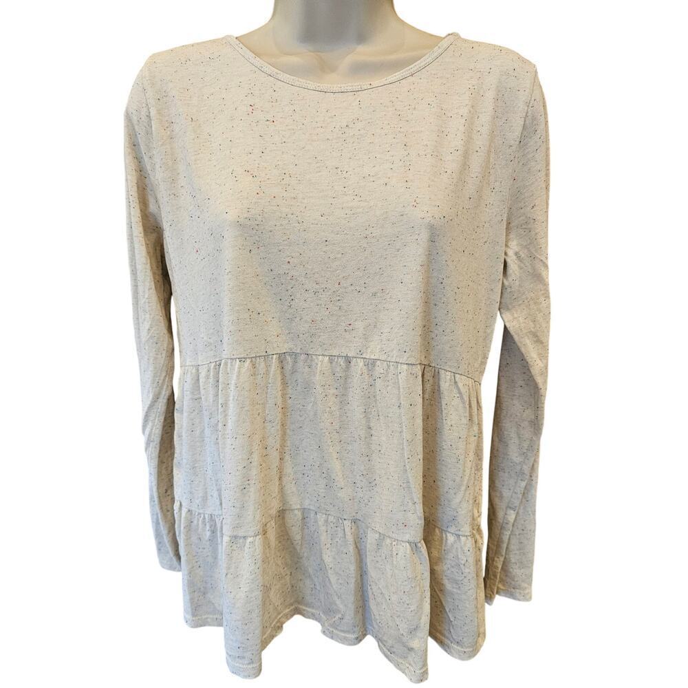 Ann T S fruit loop colored speckled neutral Peplum babydoll tunic long sleeve